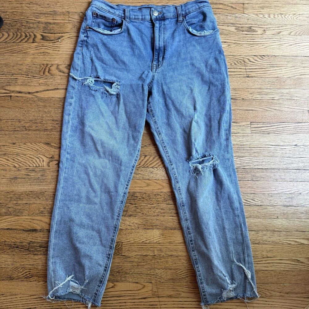 Aeropostale Curvy Mom Jeans Womens 14 Blue High Rise Distressed Ripped Crop Boho